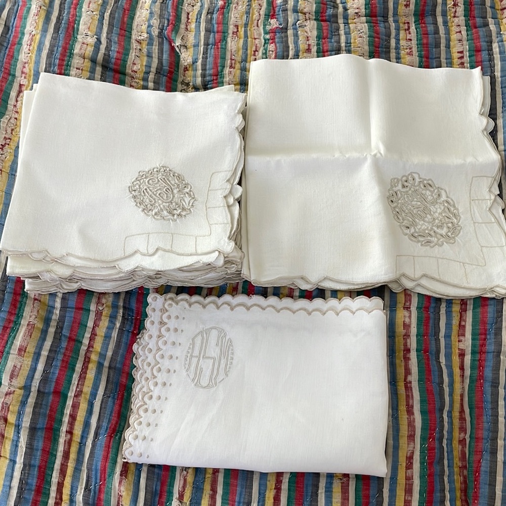 Vintage or Antique Table Linens / Napkins with AMS Monogram & Embroidery